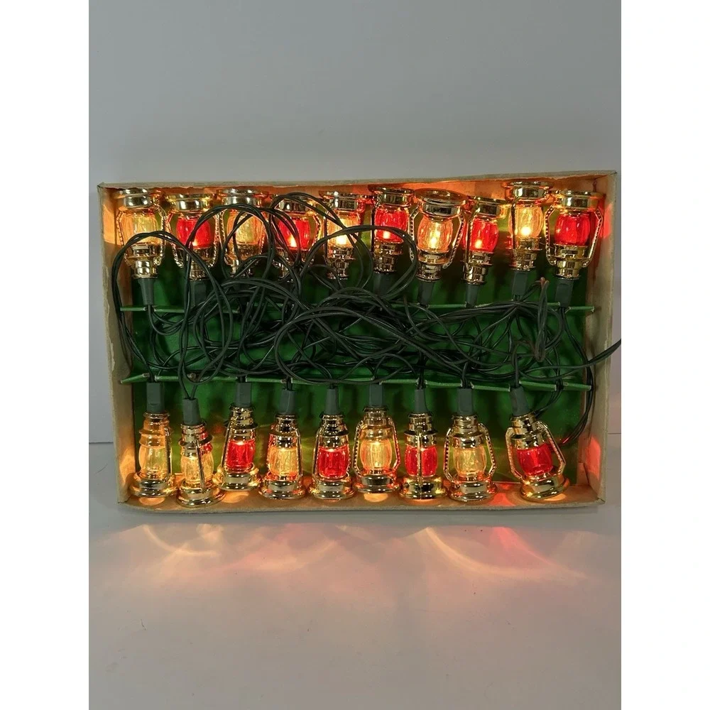 Vintage Christmas Mini‎ Lantern Light Set Red/Wht/Gold Tested Works 15.5 ft